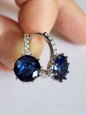 New 925 Silver Round Cut Blue Sapphire Diamond Hoop Earrings for Women